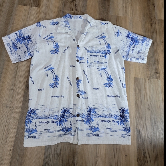 Coj Apparel Other - Vintage 100% cotton Hawaiian shirt L White Blue  Coj Apparels Bahamas Palm Tree